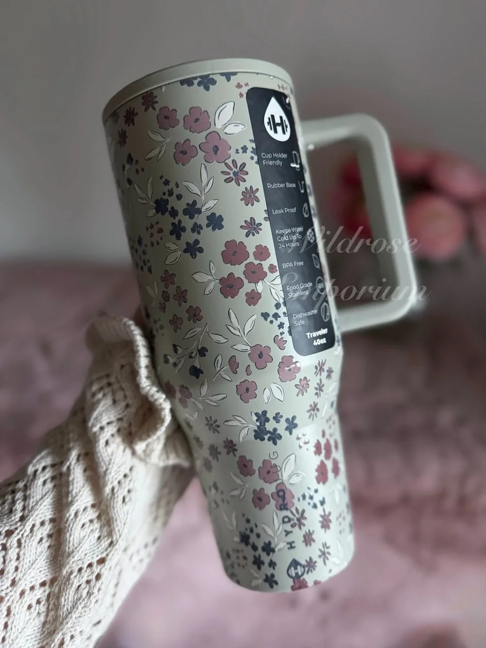 NWT HydroJug pink blue flower garden Rylee cru Traveler tumbler 40oz